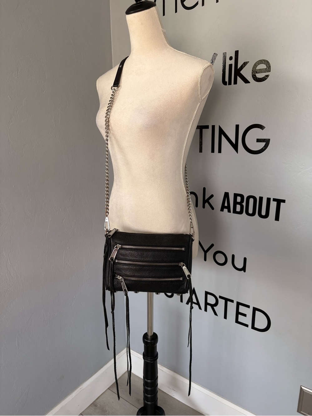Rebecca Minkoff Black Leather Crossbody to clutch bag  with Silver Chain Strap